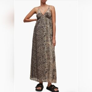 All Saints Nouvel Noche Maxi DRESS Animal Print Cheetah Snake Pleated UK 10 US 6